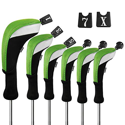 Andux 6pcs/Set Golf Club Head Covers Long Neck (3pcs Hybrid Covers + 3pcs Wood Covers) (Black/Green)