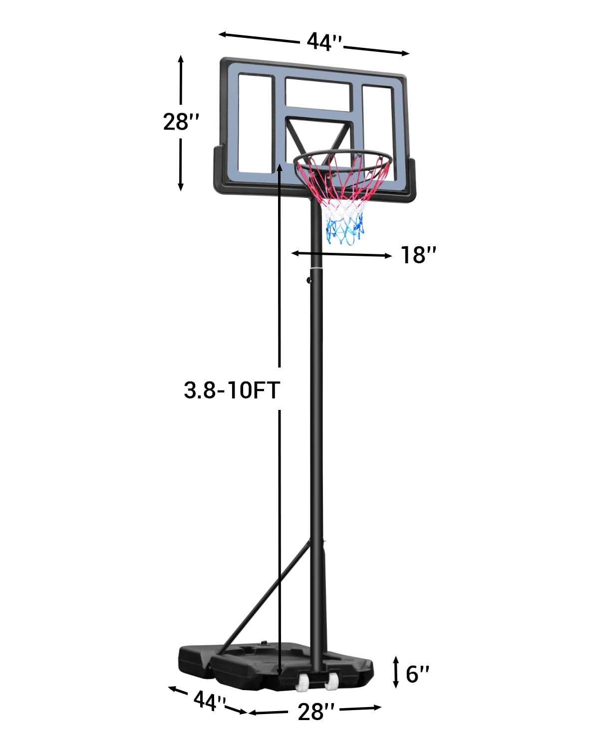 WIN.MAX Basketball Hoop Outdoor 3.8-10ft Adjustable Height, 44inch Backboard, Swimming Pool Basketball Hoop & Goal for Kids/Adults Indoor