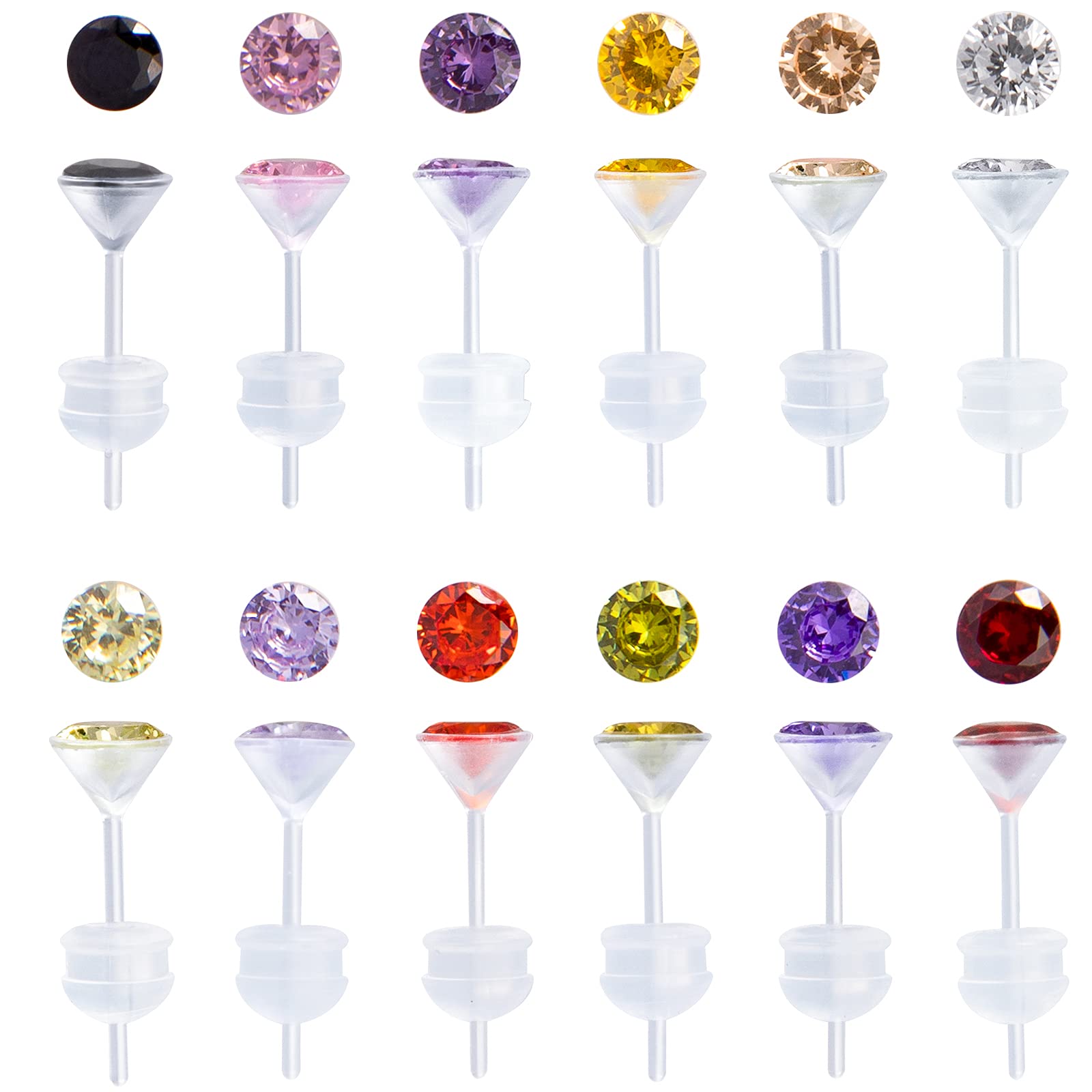 12 Pairs Plastic Earrings for Sensitive Ears, Plastic Post Earrings for Women, Birthstone Cubic Zirconia Stud Earrings Set 4mm