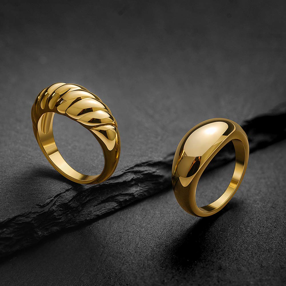 JINEAR 18k Gold Plated Croissant Braided Twisted Signet Chunky Dome Ring Stacking Star Band for Women and Men Statement Wedding Ring Minimalist Jewelry（Croissant ring，10）