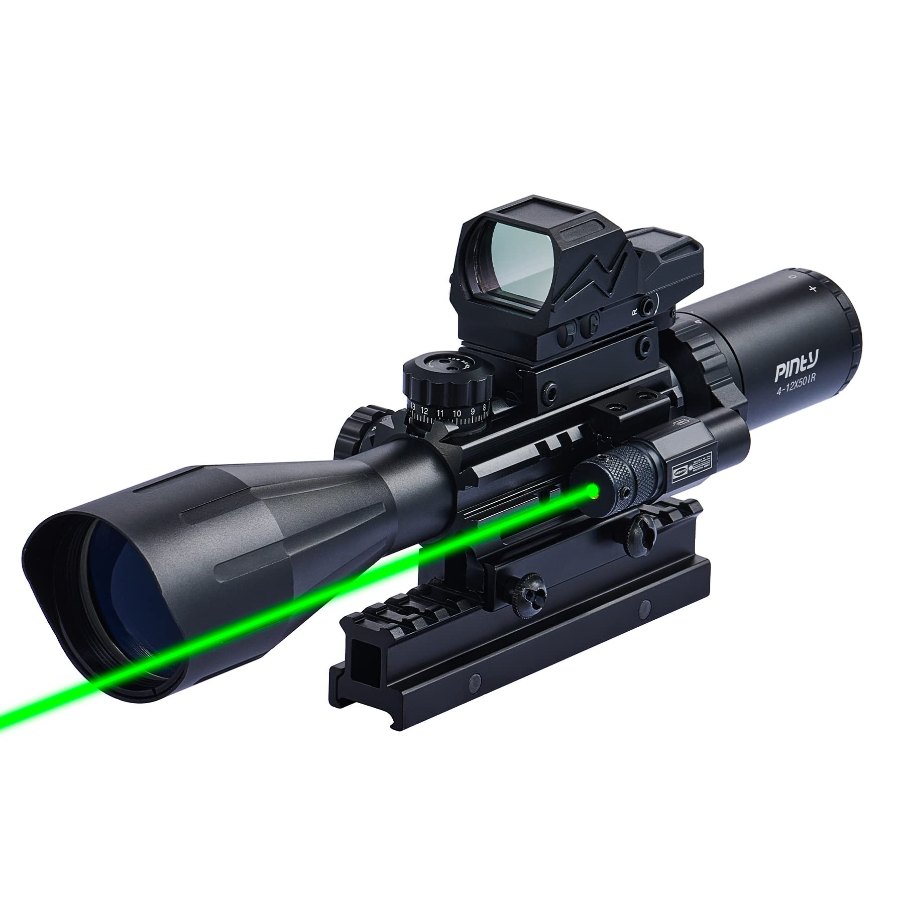 Pinty Rifle Scope 4-12x50 with 4MOA Red Dot Sight & Green Laser for 20mm Picatinny or Weaver Rail Long Guns, RG Illuminated Rangefinder Scope Combo for Guns Rifles