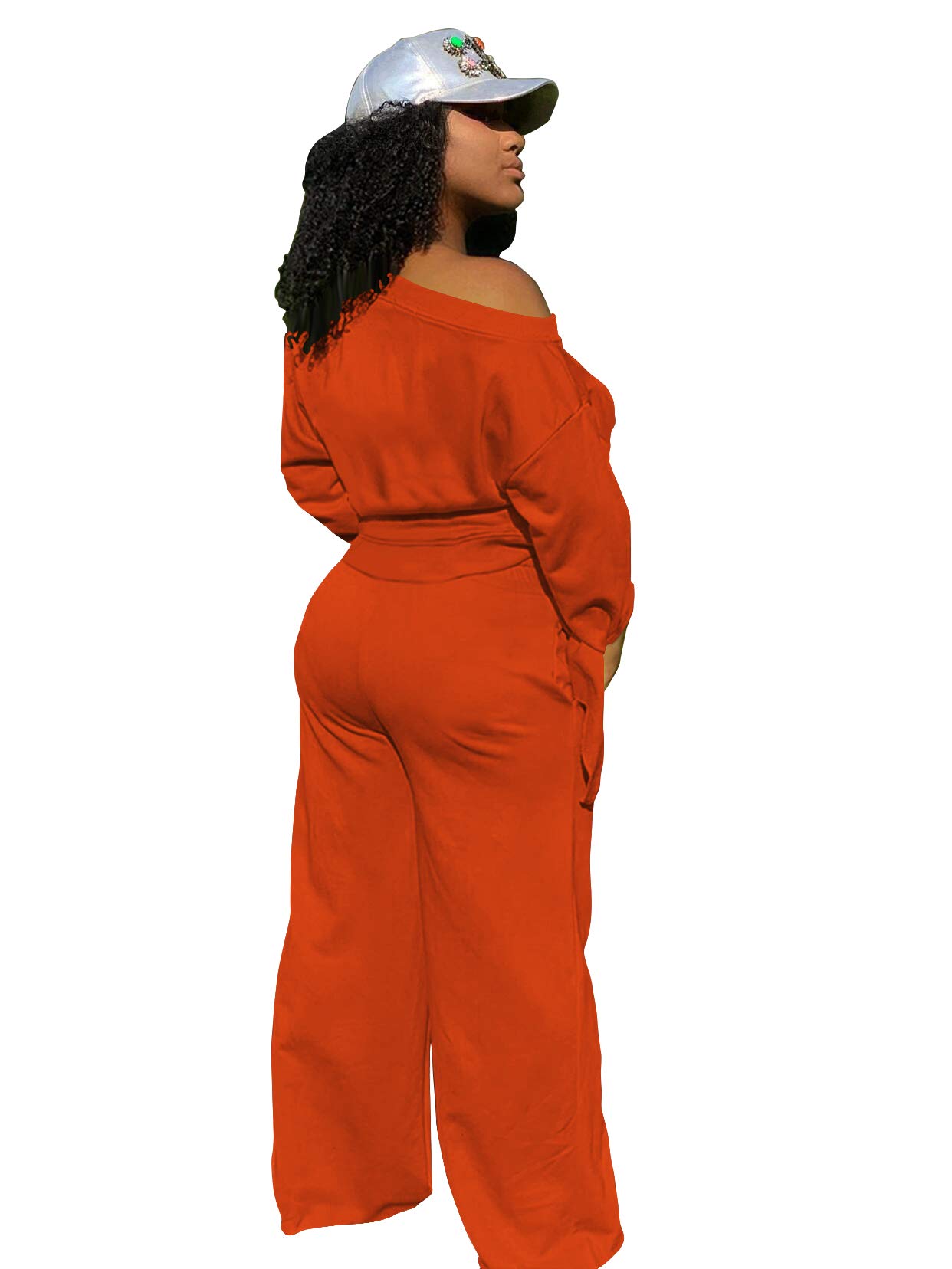 TOPSRANI Women's 2 Piece Outfits Casual Solid Sweatsuits Baggy Long Sleeve Loose Matching Wide Leg Tracksuit Pants Sets Orange L