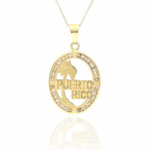 wjd exclusives 10k yellow gold cz puerto rico palm tree oval shape disc pendant, 30mm