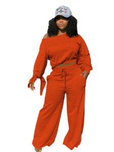 topsrani women's 2 piece outfits casual solid sweatsuits baggy long sleeve loose matching wide leg tracksuit pants sets orange l