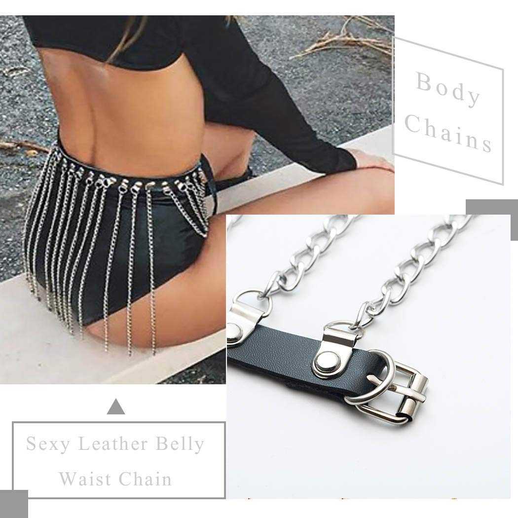 LUDRESS Punk Leather Waist Chain Tassel Dance Skirt Black Belt Belly Chain Hip Body Chain Rave Body Jewelry for Women and Girls