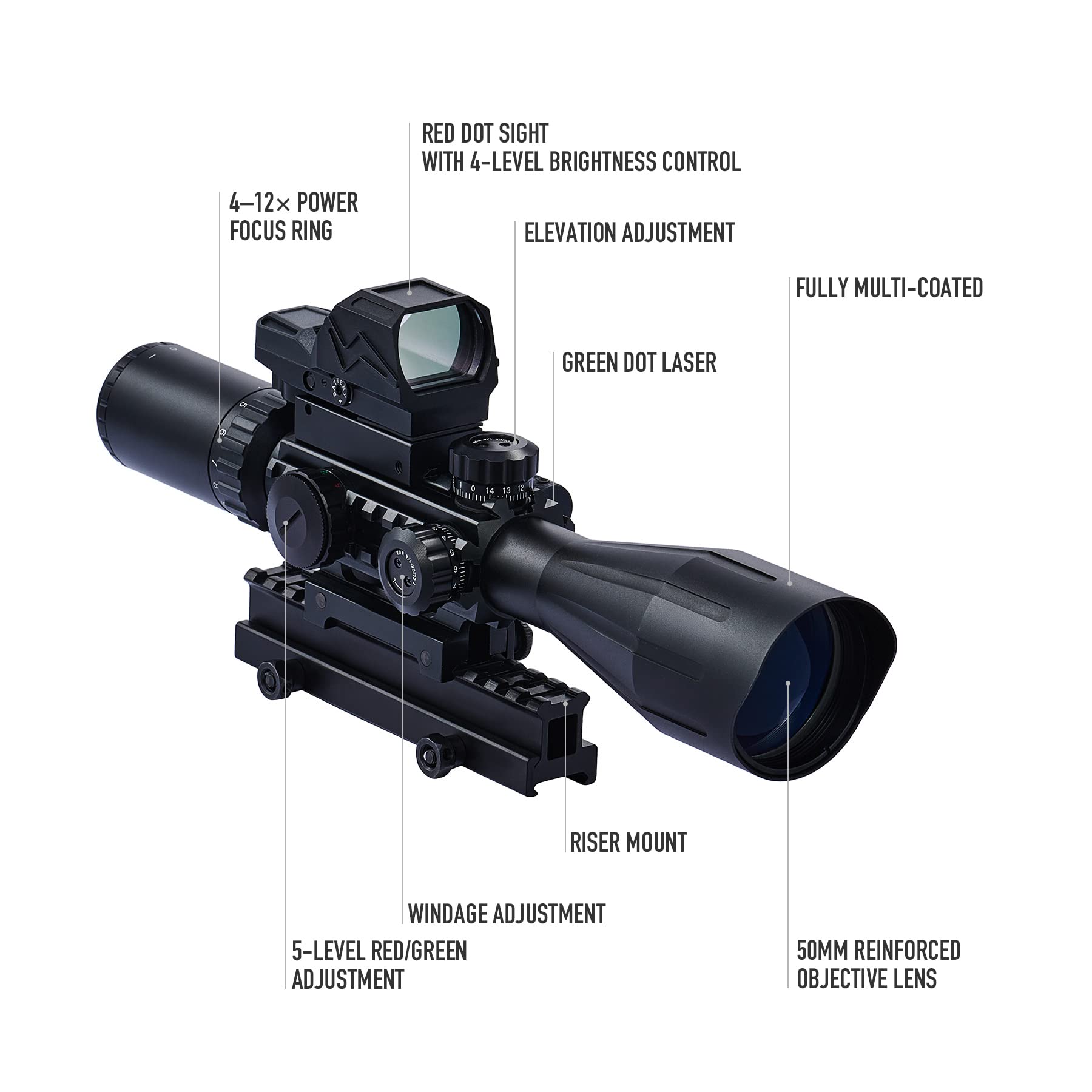 Pinty Rifle Scope 4-12x50 with 4MOA Red Dot Sight & Green Laser for 20mm Picatinny or Weaver Rail Long Guns, RG Illuminated Rangefinder Scope Combo for Guns Rifles