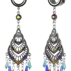 1/2 inch 12mm 316L Surgical Steel Bohemian Multicolor Crystal Tassel Dangle Ear Gauges Piercing Flesh Tunnels Plugs Statement Earrings