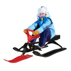 color tree snow racer sled, ski sled slider board with steering wheel, twin brakes & pull rope, snow bike sled kids teens adults max load 220 lbs, snowboard for downhill and uphill, red