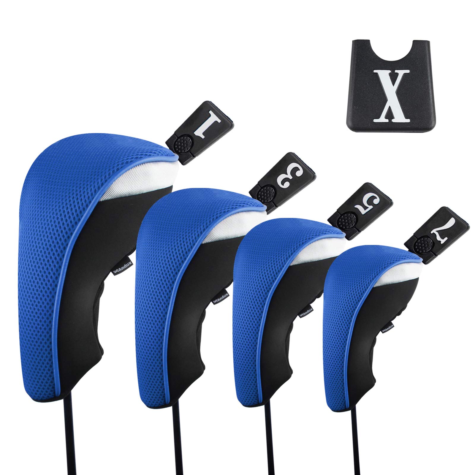 Andux 4pcs/Pack Mesh Golf 460cc Driver Fairway Wood Club Head Covers with Interchangeable No. Tags Blue