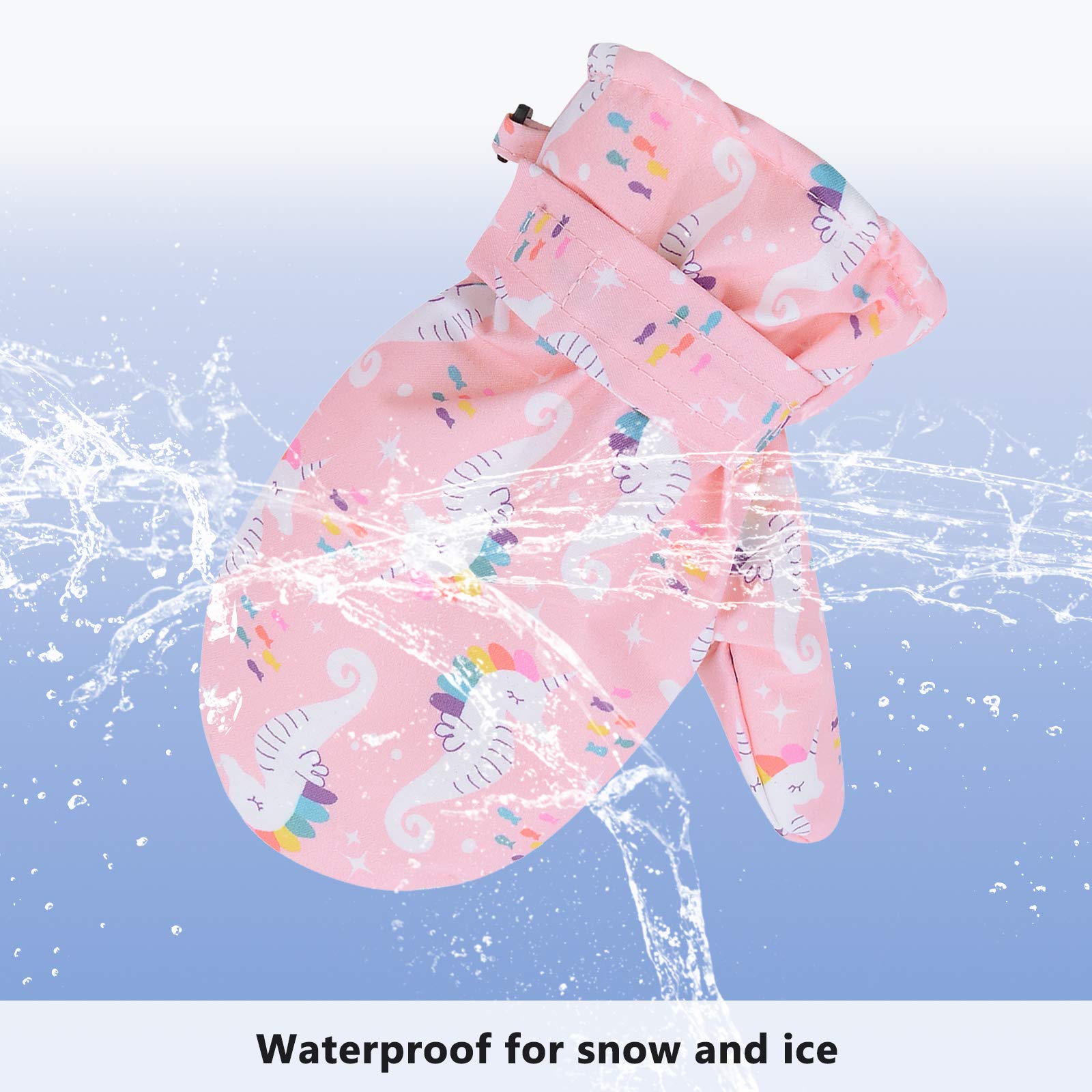 Lined Fleece Toddler Mittens Kids Winter Warm Gloves Child Ski Gloves Waterproof Snow Baby Mitten for Boys and Girls Pink Seahorse M