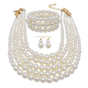 JNF Large Faux Pearl Necklaces for Women Multi strand Pearl Necklace Bracelet and Earrings Set Costume Pearls Necklace Jewelry Ladies (White)