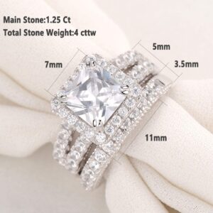 Wuziwen 4Ct Engagement Rings for Women Sterling Silver Cubic Zirconia Wedding Bridal Ring Set With 2 Band Size 7