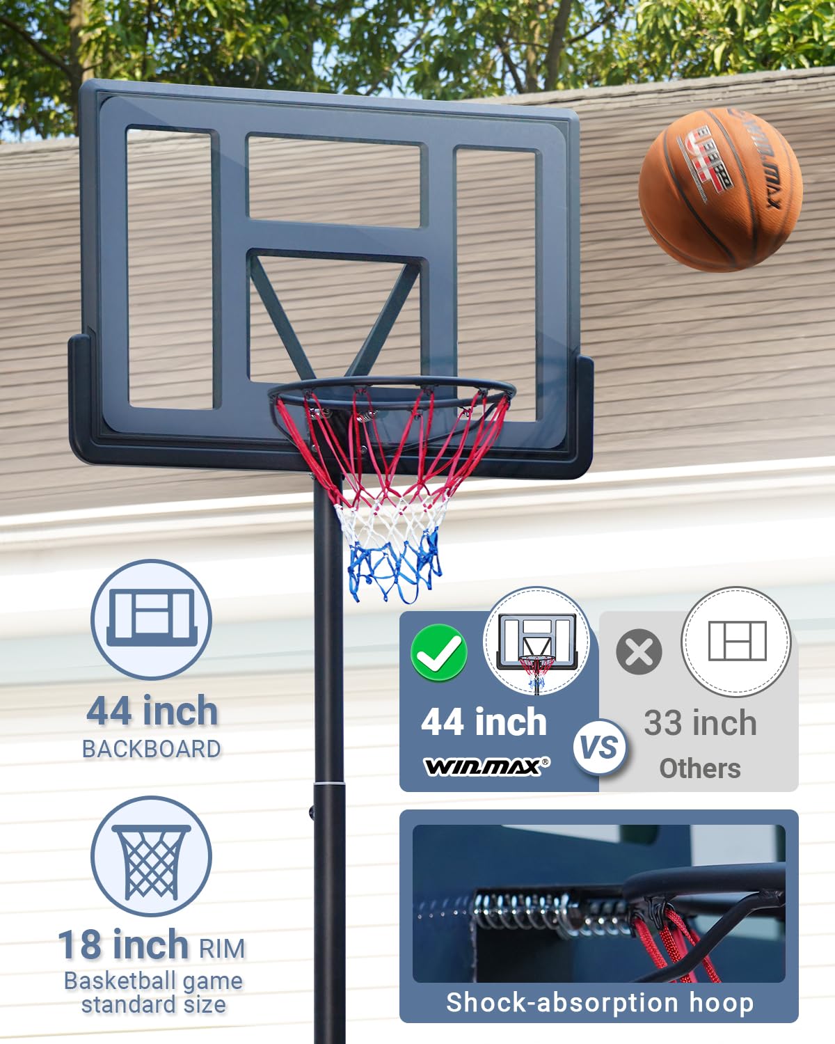 WIN.MAX Basketball Hoop Outdoor 3.8-10ft Adjustable Height, 44inch Backboard, Swimming Pool Basketball Hoop & Goal for Kids/Adults Indoor