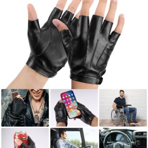 KEMIMOTO Fingerless Driving Gloves PU Faux Leather Outdoor Sport Half Finger Glove for Men Women Teens, Black, Medium