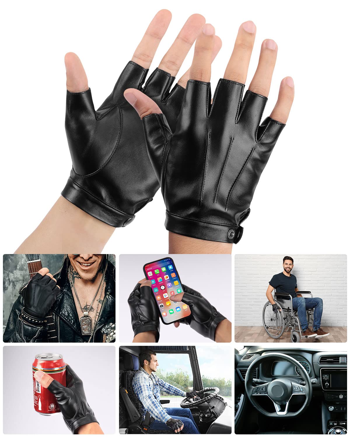 KEMIMOTO Fingerless Driving Gloves PU Faux Leather Outdoor Sport Half Finger Glove for Men Women Teens, Black, Medium