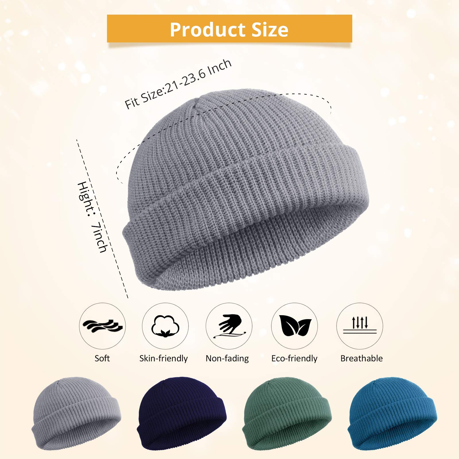 SATINIOR 4 Pieces Trawler Beanie Watch Hat Roll up Edge Skullcap Fisherman Beanie Unisex (Lake Blue, Green Grey, Navy Blue, Grey), 17 x 20 cm/ 6.69 x 7.87 inches