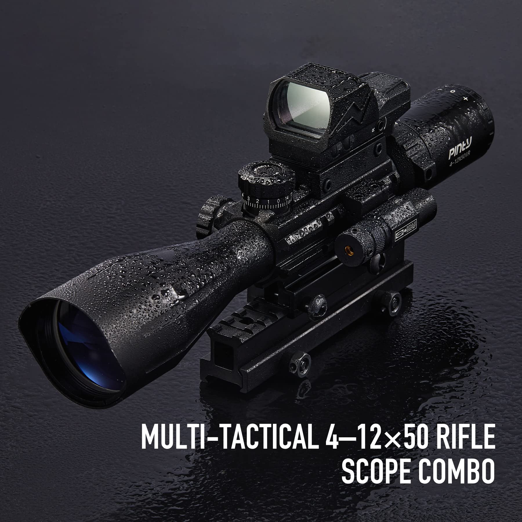 Pinty Rifle Scope 4-12x50 with 4MOA Red Dot Sight & Green Laser for 20mm Picatinny or Weaver Rail Long Guns, RG Illuminated Rangefinder Scope Combo for Guns Rifles