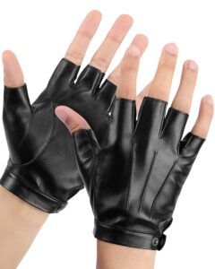 kemimoto fingerless driving gloves pu faux leather outdoor sport half finger glove for men women teens, black, medium