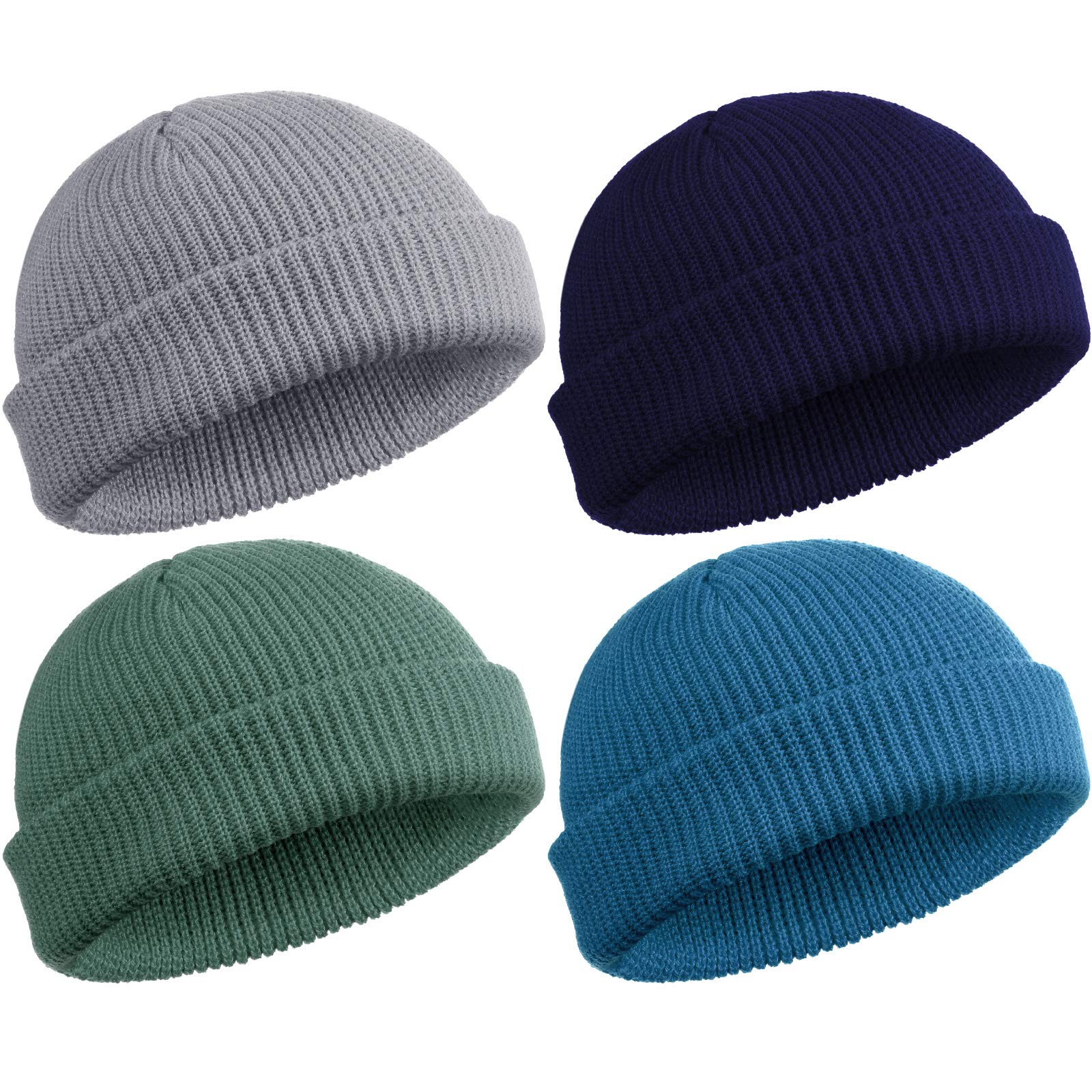 SATINIOR 4 Pieces Trawler Beanie Watch Hat Roll up Edge Skullcap Fisherman Beanie Unisex (Lake Blue, Green Grey, Navy Blue, Grey), 17 x 20 cm/ 6.69 x 7.87 inches