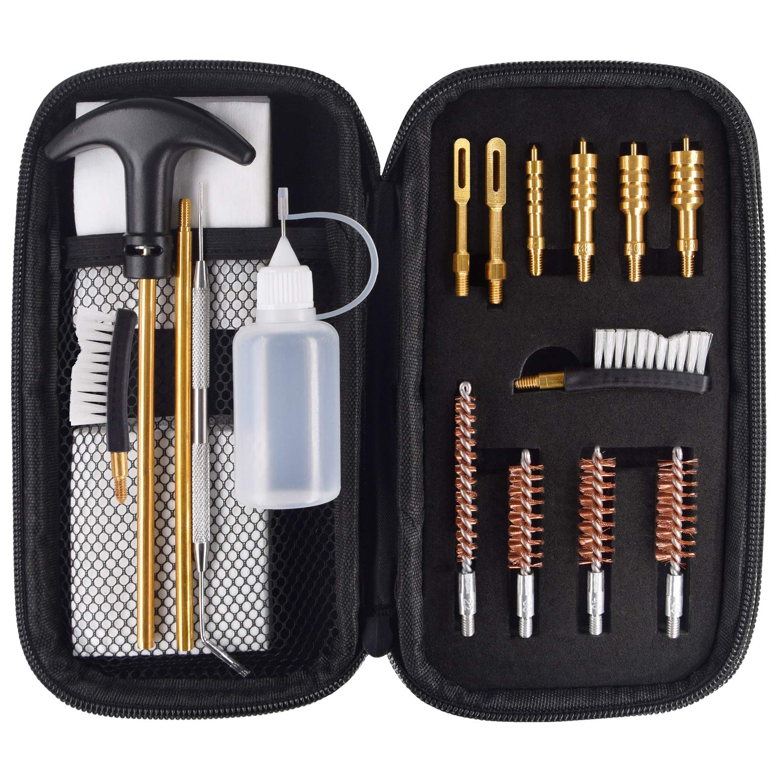 APCHYWELL 18 PCS Handgun Cleaning Kit for.22 .9mm/.357/.38/ .40 .45 Caliber Pistol with Bronze Bore Brush, Brass Jag Adapter, Empty Bottle, Nylon Brushes