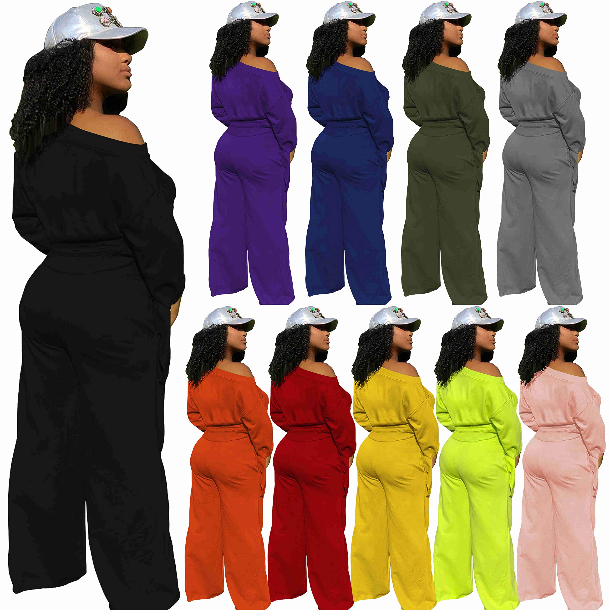 TOPSRANI Women's 2 Piece Outfits Casual Solid Sweatsuits Baggy Long Sleeve Loose Matching Wide Leg Tracksuit Pants Sets Orange L