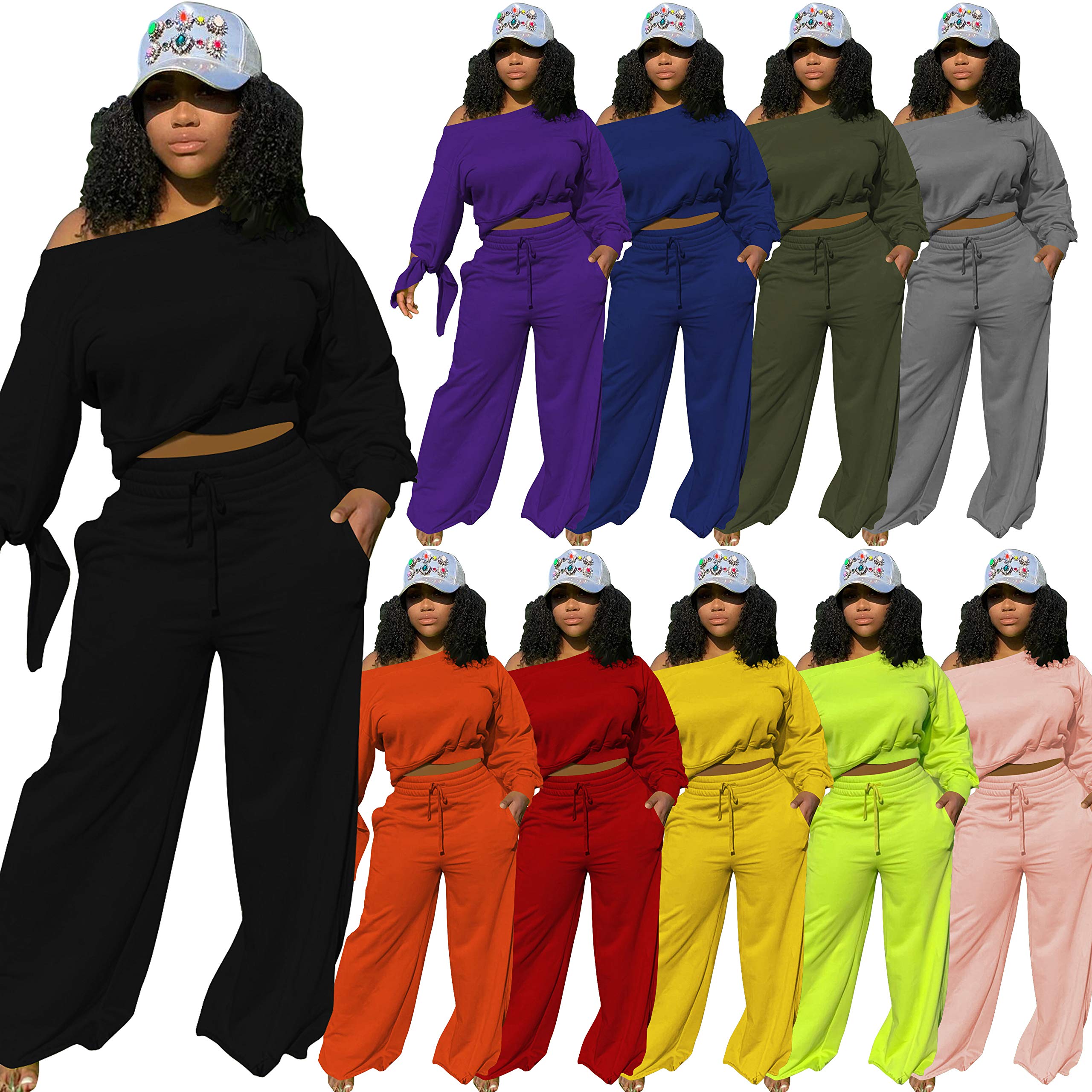 TOPSRANI Women's 2 Piece Outfits Casual Solid Sweatsuits Baggy Long Sleeve Loose Matching Wide Leg Tracksuit Pants Sets Orange L