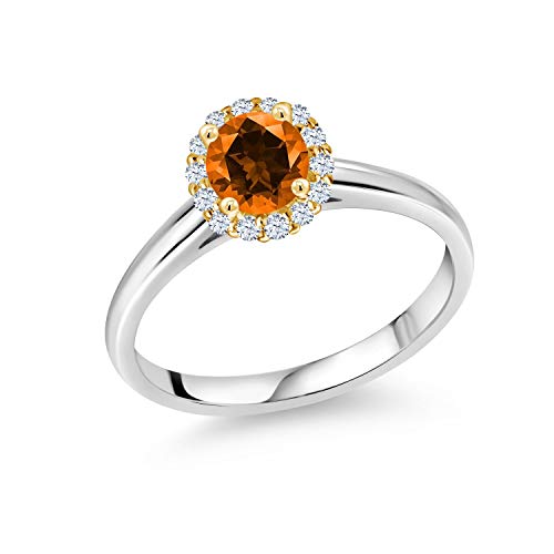 Gem Stone King 925 Silver Ring with 10K Yellow Gold Prongs White Created Sapphire and Set with Poppy Topaz (Size 7)