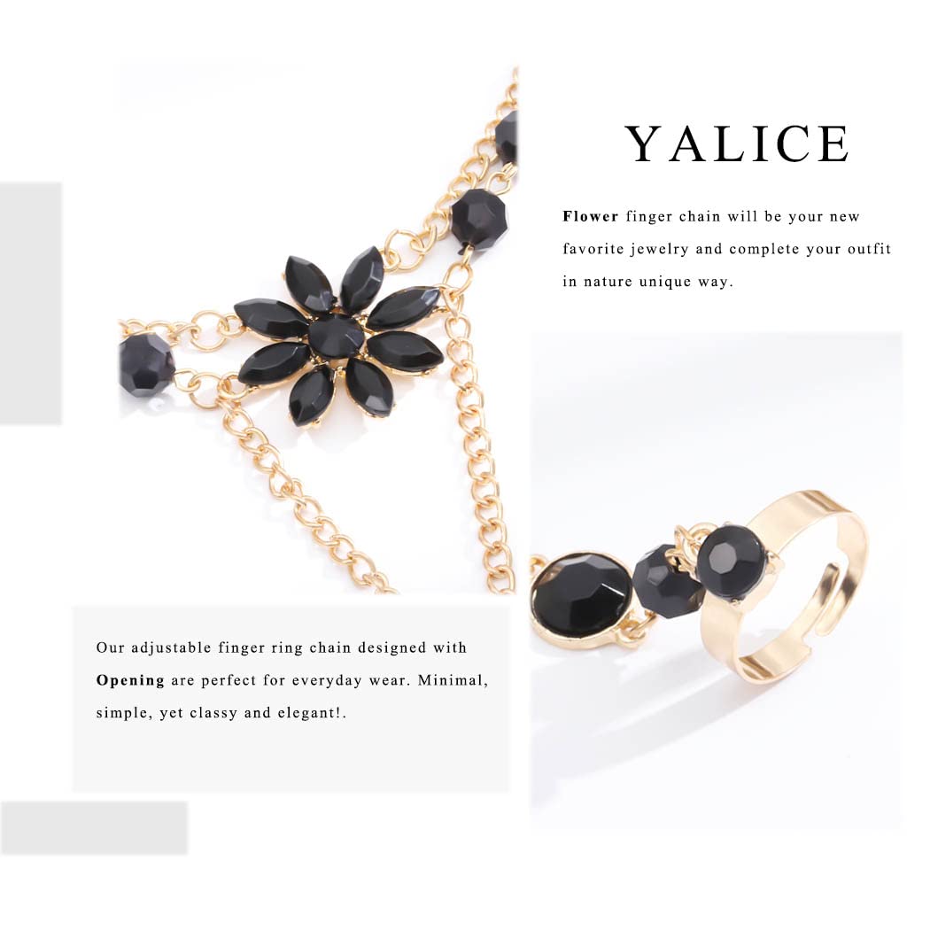 Yalice Rhinestone Finger Bracelet Ring Black Crystal Hand Chains Flower Slave Finger Chain Fashion Charm Hand Jewelry for Women