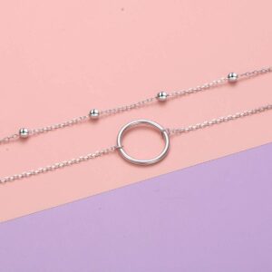 FLYOW Circle Choker Necklace S925 Sterling Silver Layered Dainty Simple Choker Necklace Circle Pendant for Women Birthday Gift