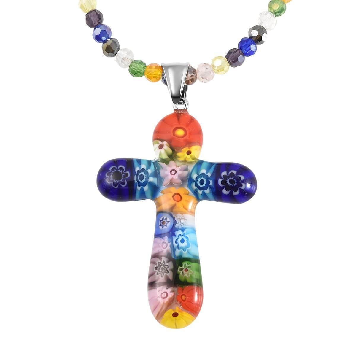 SHOP LC DELIVERING JOY Stainless Steel Glass Murano Style Multi Color Beaded Cross Choker Pendant Necklace Delicate Jewelry Size 20" Gifts for Women Catholic Faith Christian Religious Birthday Gifts