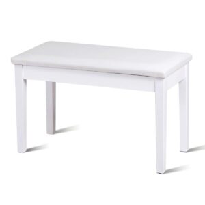 goflame duet piano bench, white, padded cushion, solid wood construction, hidden music storage, 29.5" x 14" x 19.5"