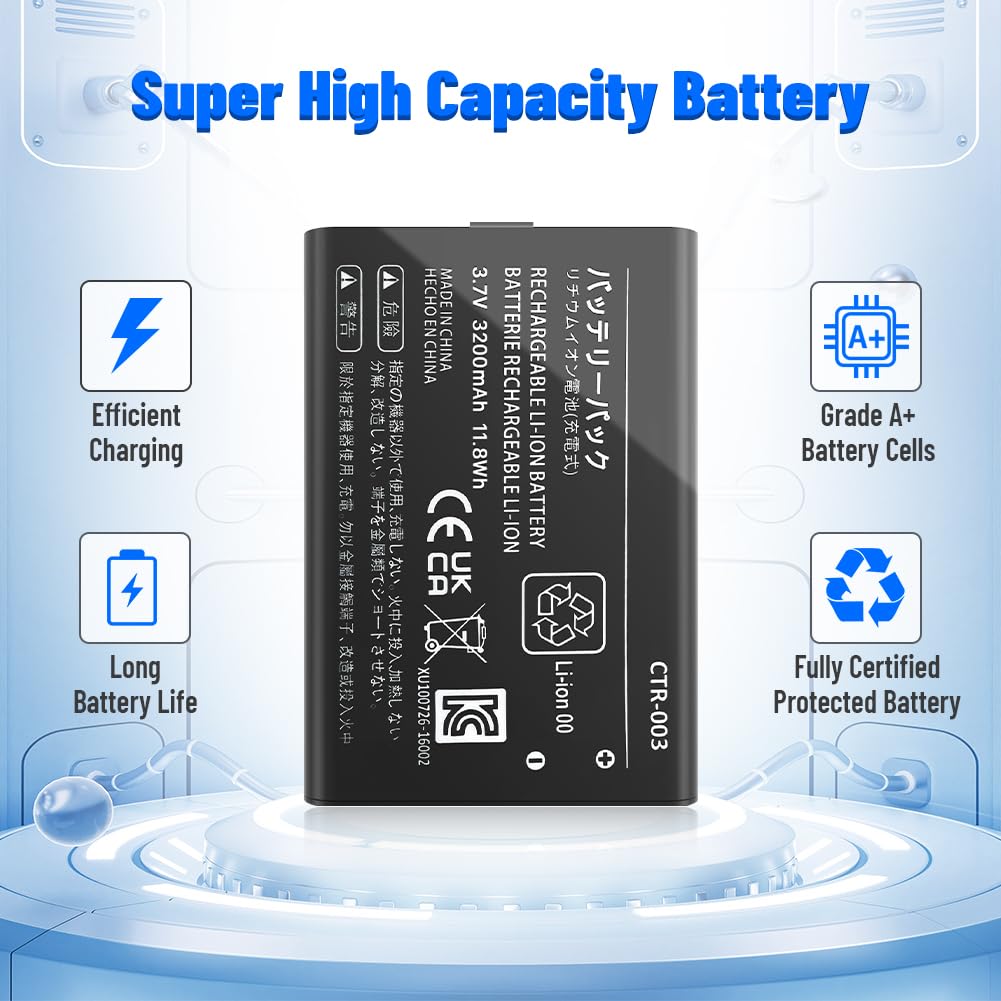 SHENMZ CTR-003 Battery, (2024 New Version) Ultra High Capacity 3200mAh Li-ion Replacement Battery for Nintendo 3DS N3DS / New 2DS /2DS CTR-001 MIN-CTR-001 Gaming Console