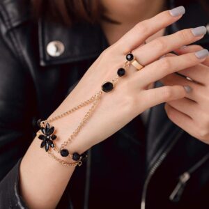 Yalice Rhinestone Finger Bracelet Ring Black Crystal Hand Chains Flower Slave Finger Chain Fashion Charm Hand Jewelry for Women