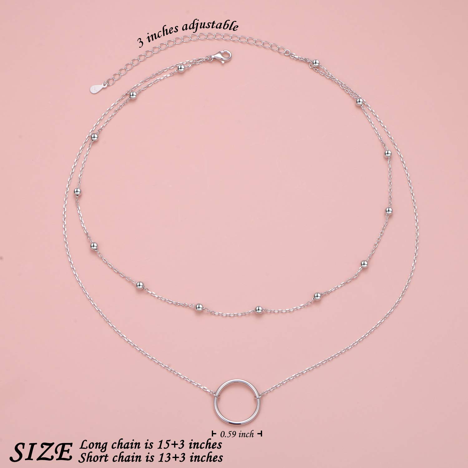 FLYOW Circle Choker Necklace S925 Sterling Silver Layered Dainty Simple Choker Necklace Circle Pendant for Women Birthday Gift