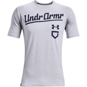 under armour men's baseball script t-shirt, mod gray light heather (012)/academy blue, large