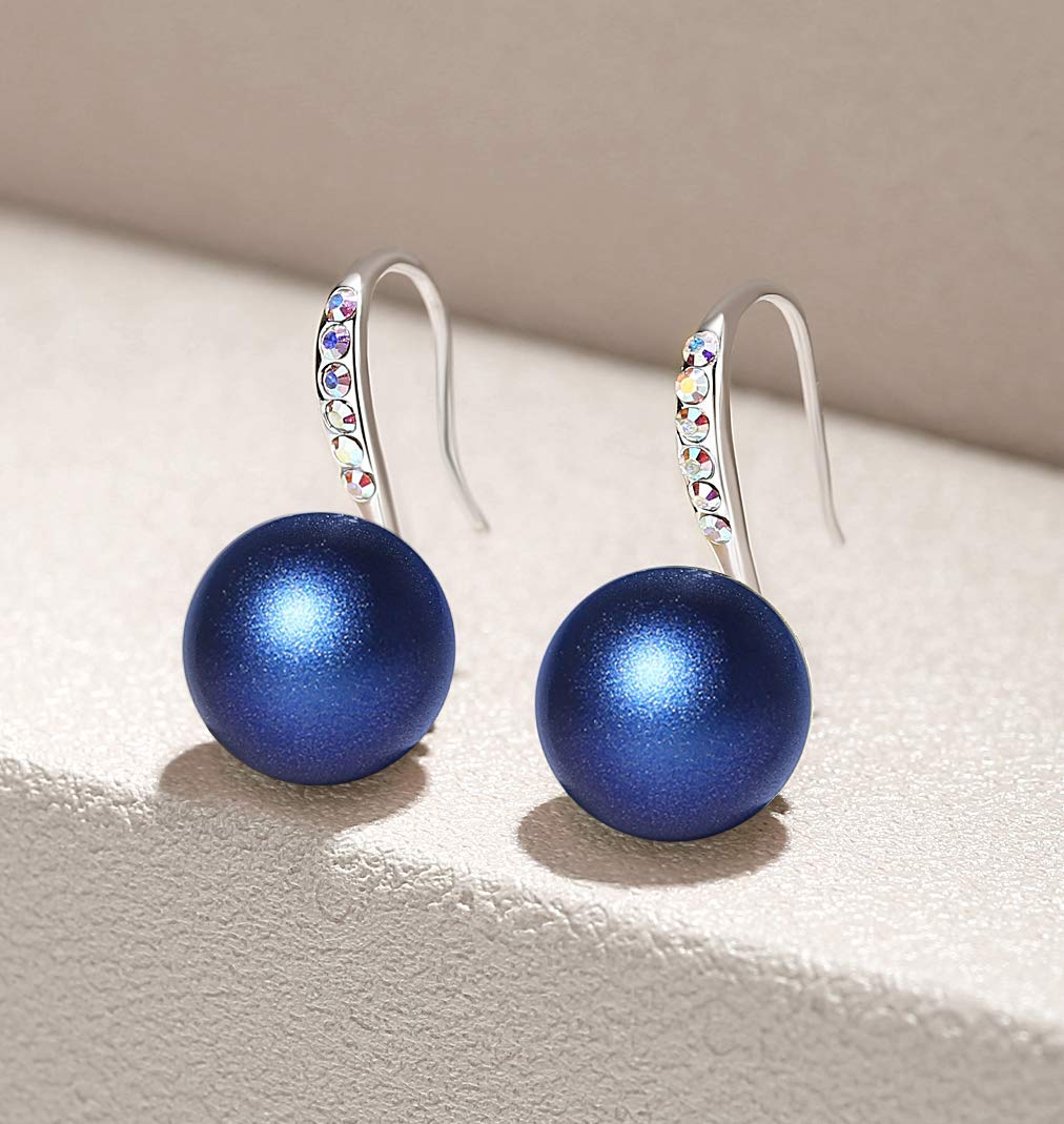 Esottia Drop Earrings Made with Crystal Pearls from Swarovski, Gifts for Women, Iridescent Dark Blue, Silver-Tone