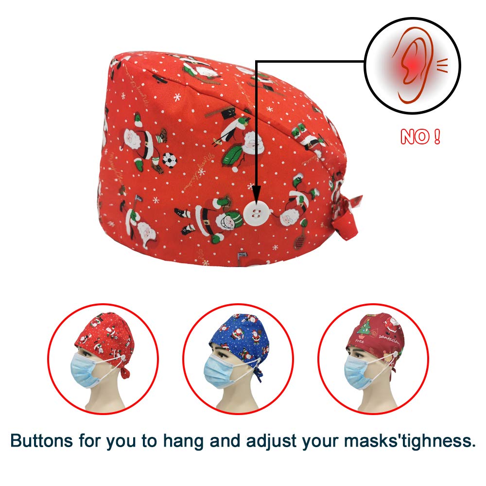 Christmas Printed Working Cap with Button and Sweatband Adjustable Bouffant Hats for Women Men （3 Pcs）