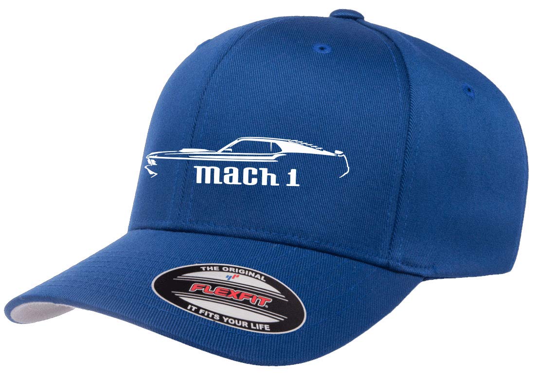 1970 Ford Mach 1 Mustang Outline Design Flexfit 6277 Athletic Baseball Fitted Hat Cap Royal L/XL