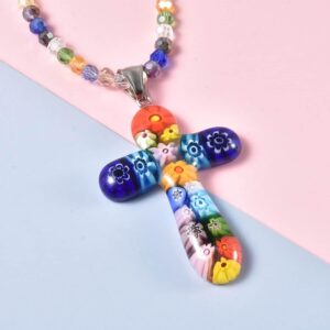 SHOP LC DELIVERING JOY Stainless Steel Glass Murano Style Multi Color Beaded Cross Choker Pendant Necklace Delicate Jewelry Size 20" Gifts for Women Catholic Faith Christian Religious Birthday Gifts