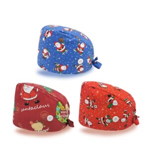 Christmas Printed Working Cap with Button and Sweatband Adjustable Bouffant Hats for Women Men （3 Pcs）