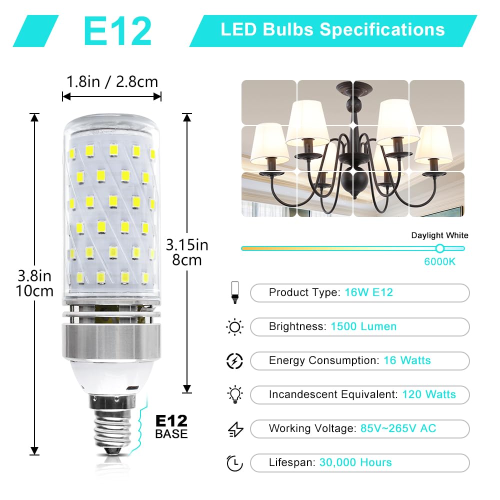 Super Bright E12 LED Corn Bulbs, 16W 1500LM Bulbs, Daylight White 6000K Lights, CRI80+, 120W Incandescent Bulb Equivalent, E12 Base Non-Dimmable LED Lamp, Pack of 8