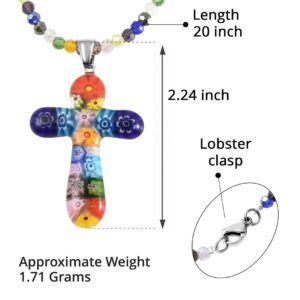 SHOP LC DELIVERING JOY Stainless Steel Glass Murano Style Multi Color Beaded Cross Choker Pendant Necklace Delicate Jewelry Size 20" Gifts for Women Catholic Faith Christian Religious Birthday Gifts