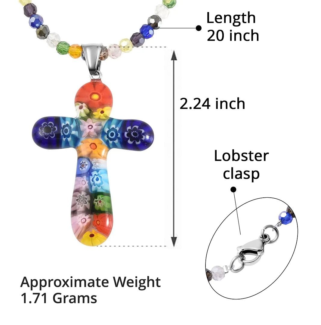 SHOP LC DELIVERING JOY Stainless Steel Glass Murano Style Multi Color Beaded Cross Choker Pendant Necklace Delicate Jewelry Size 20" Gifts for Women Catholic Faith Christian Religious Birthday Gifts