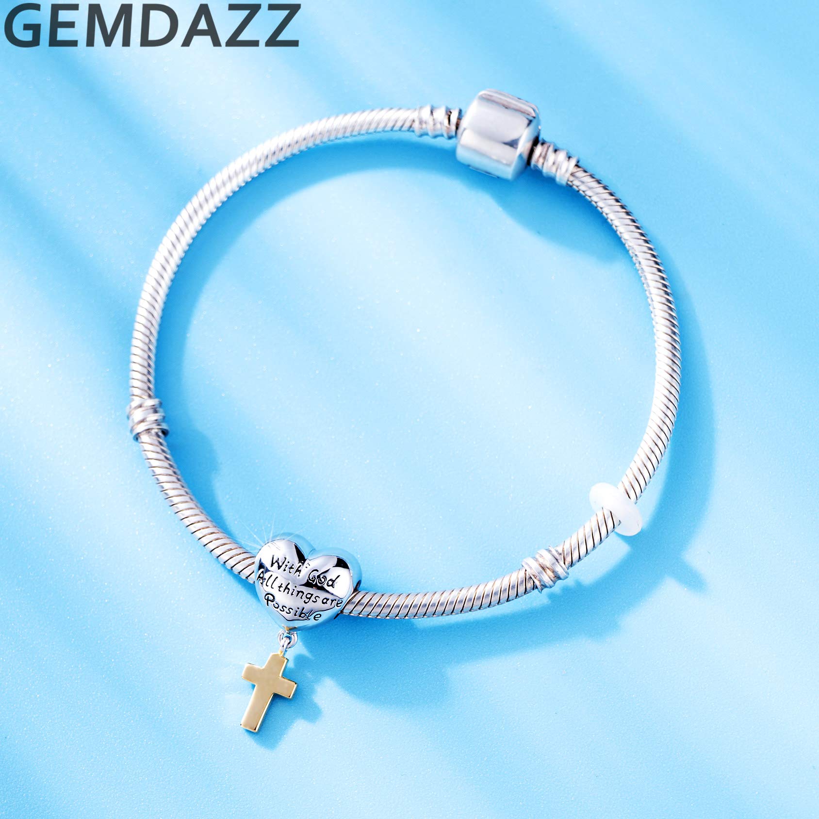 Golden Cross Religious Heart Charms with God All Things Are Possible, 925 Sterling Silver Christian Beads fit Pandora Christmas Bracelet, Gift for Birthday/Easter/Mothers Day/Grandma