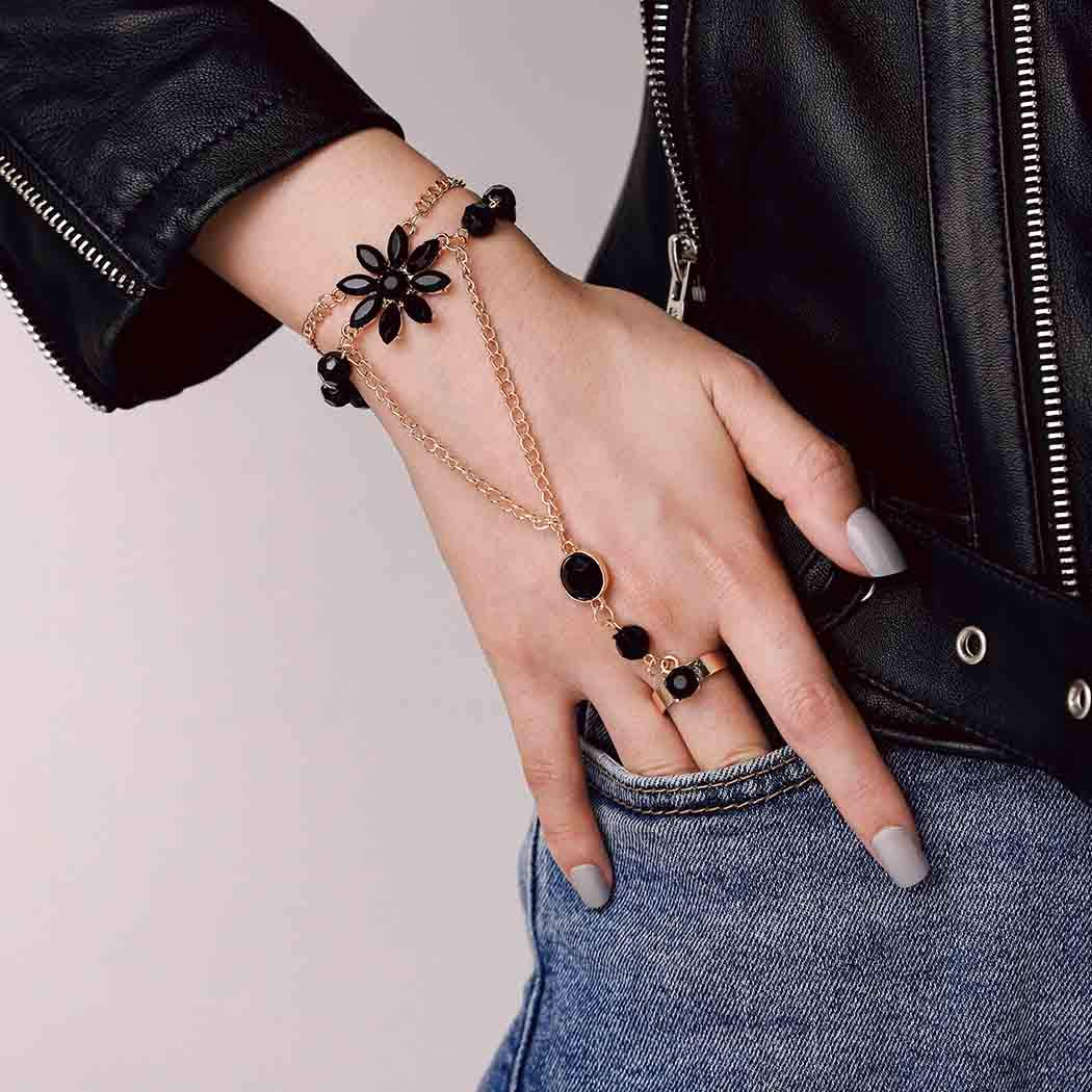 Yalice Rhinestone Finger Bracelet Ring Black Crystal Hand Chains Flower Slave Finger Chain Fashion Charm Hand Jewelry for Women