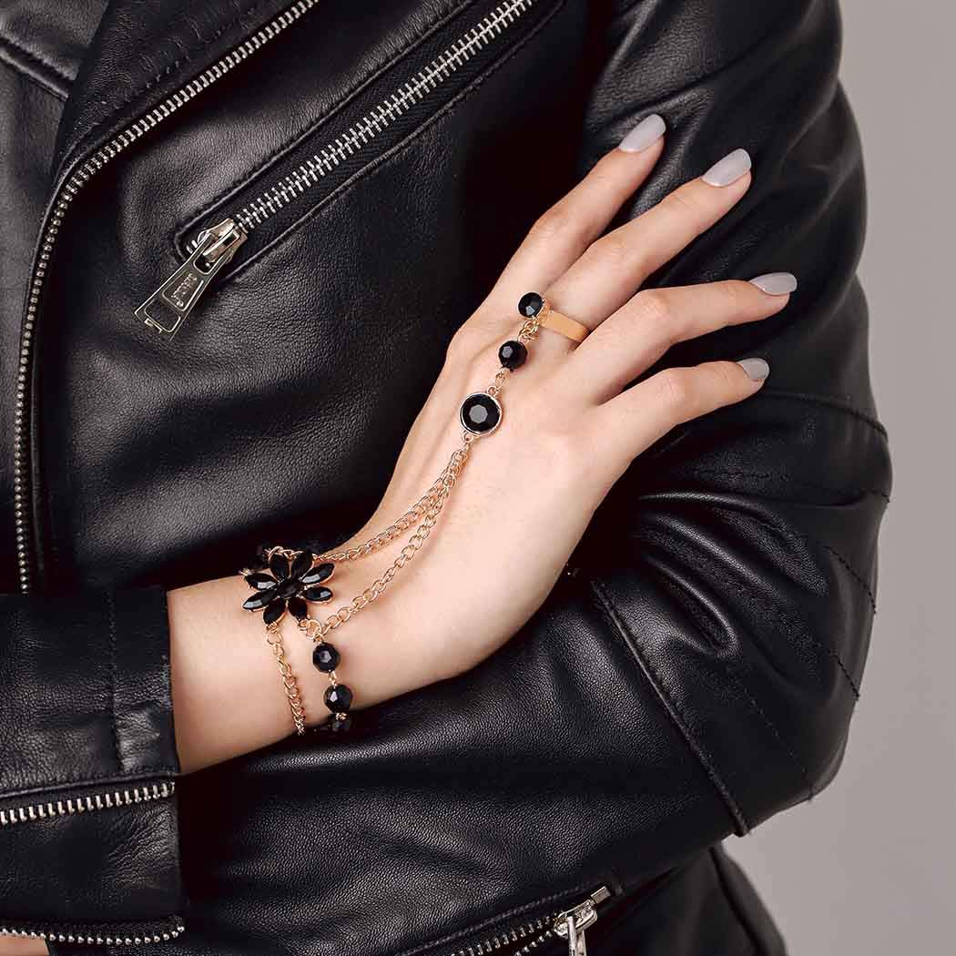 Yalice Rhinestone Finger Bracelet Ring Black Crystal Hand Chains Flower Slave Finger Chain Fashion Charm Hand Jewelry for Women