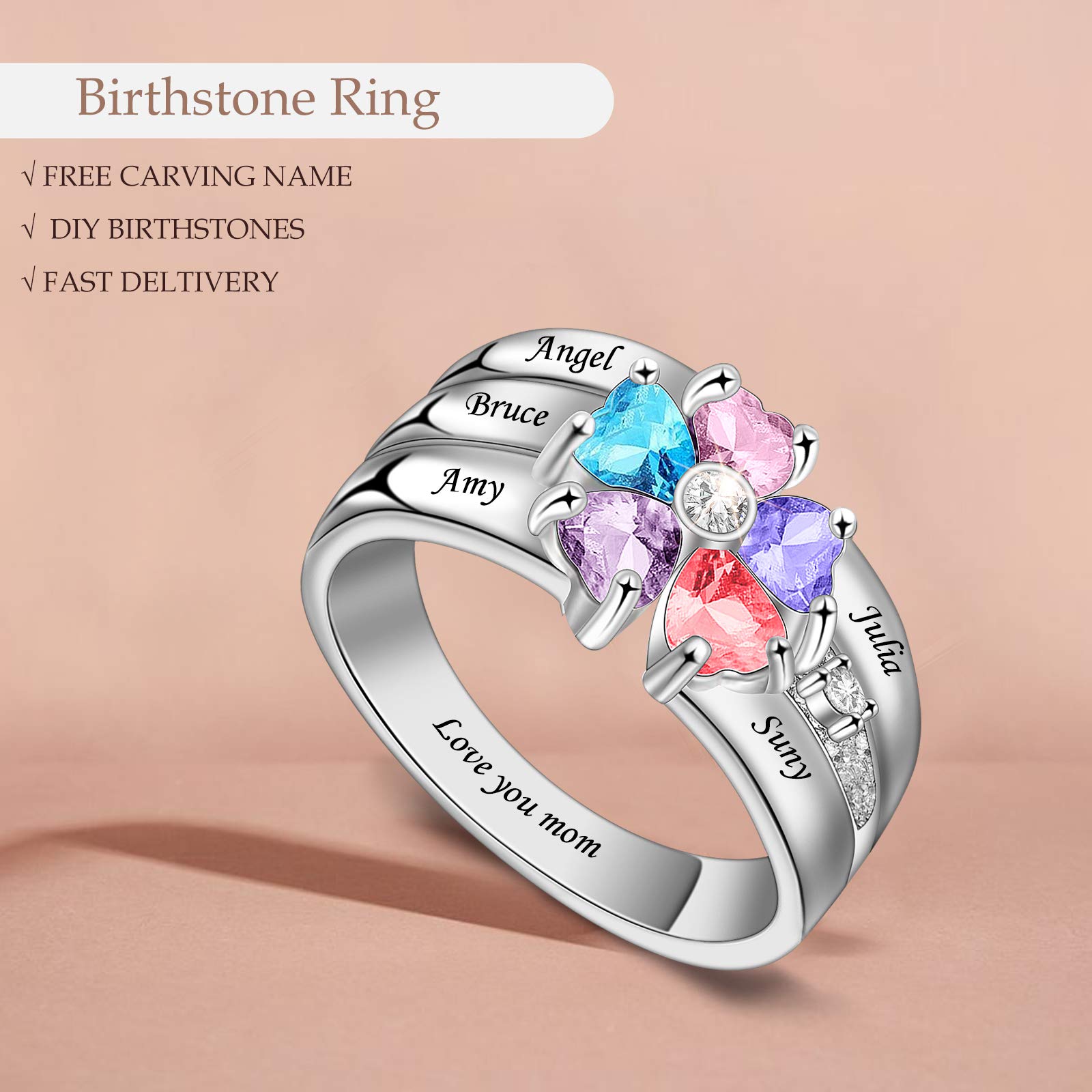 ORFAN Personalized Mothers Rings with 3-8 Names and Simulated Birthstones Custom Family Name Ring for Women for Mom Grandmother