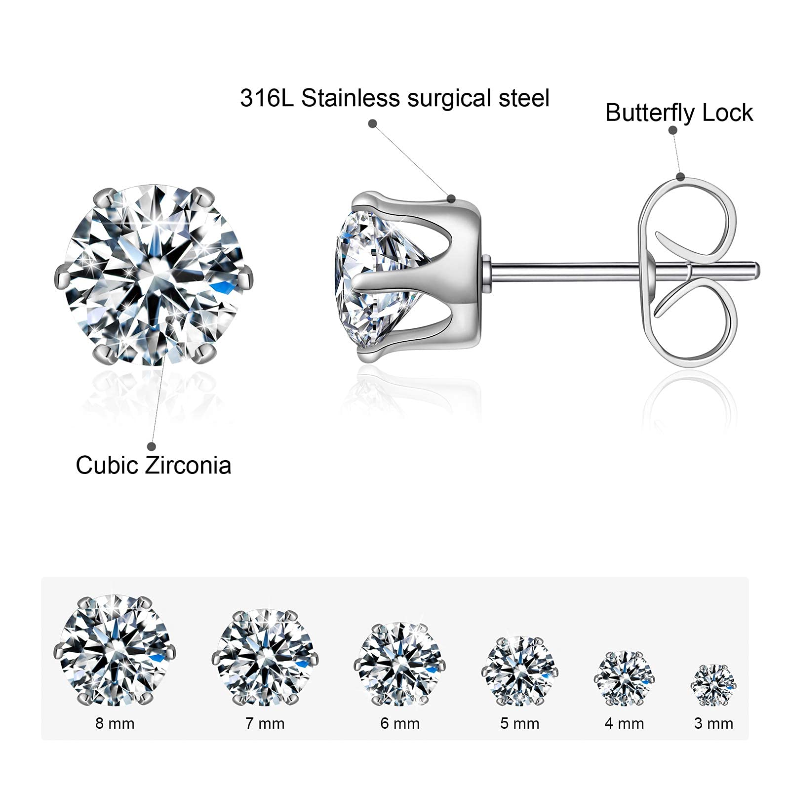 Stud Earrings Set,Clear Cubic Zirconia 316L Stainless Steel Earrings for Women for Men