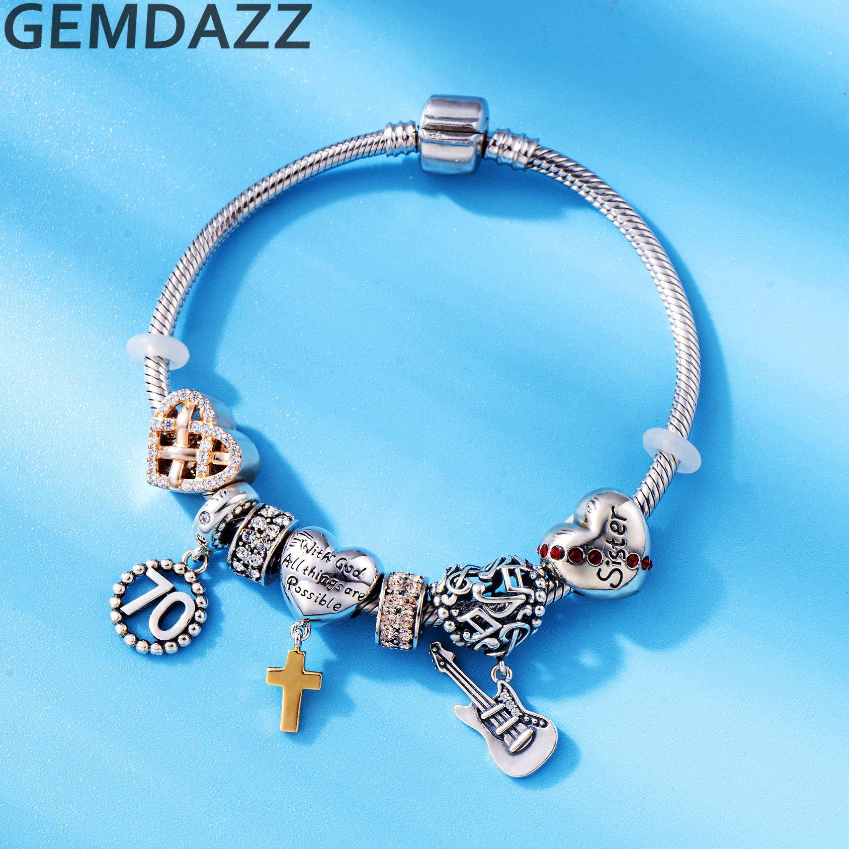 Golden Cross Religious Heart Charms with God All Things Are Possible, 925 Sterling Silver Christian Beads fit Pandora Christmas Bracelet, Gift for Birthday/Easter/Mothers Day/Grandma