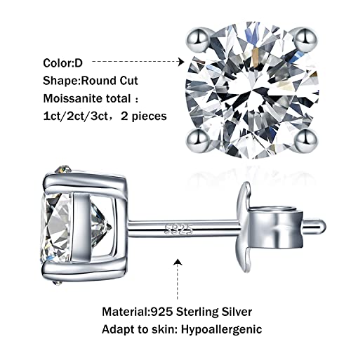 YODEWA Moissanite Stud Earrings for Women 925 Sterling Silver Hypoallergenic Flat Back 1 Pair DEF Color Lab Created Brilliant Round Moissanite Diamond Earrings (Silver 2CT)